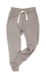 Grey sports trousers on a white background. Clothing. Sport