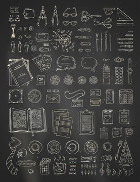 Vector Chalk Scene Creator Set On Blackboard Background.