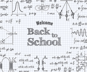 Welcome back to school with physics formulas and figure on squared sheet of paper . School education vector background