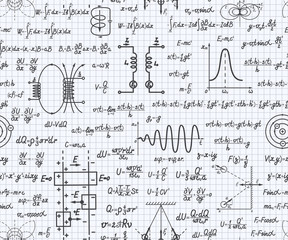 Physical vector seamless pattern with formulas, equations and figures, handwritten on a squared sheet of notebook