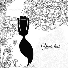 Vector illustration Zen Tangle, girl hangs on a tree upside down. Doodle floral frame. Coloring book anti stress for adults. Black white.