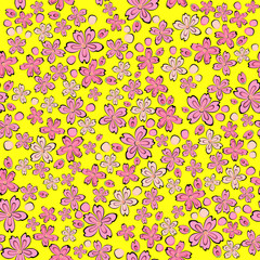 Seamless ditsy print. Floral pattern. Flowers background. Vector illustration. Small pink flowers on a yellow background.