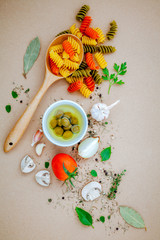 Fototapeta na wymiar Italian food concept pasta with vegetables olive oil flavored wi