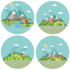 summer  landscape set. Houses in the mountains among the trees,