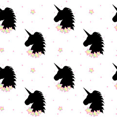 cute cartoon black unicorn silhouette with rainbow stars seamless pattern background illustration

