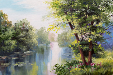 Obrazy na Plexi  Obraz olejny pejzaż - jezioro w lesie, letni dzień