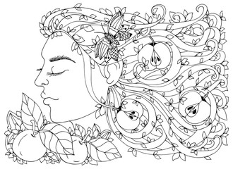 Vector illustration Zen Tangle, girl, woman with flowers in her hair, apples. Doodle drawing. Coloring book anti stress for adults. Black and white.