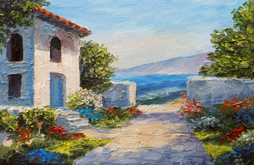 Obraz premium oil painting - house near the sea, colorful flowers, summer seascape
