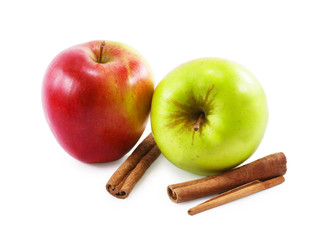 two apples and cinnamon isolated on white background