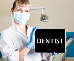 technology, internet and networking in medicine concept - femail dentist holding a tablet pc with...