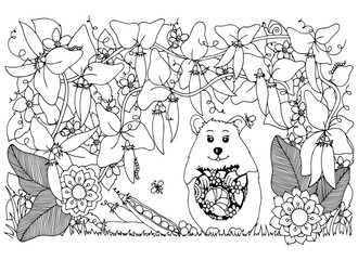 Vector illustration Zen Tangle , hamster and peas. Doodle flowers pattern. Coloring book anti stress for adults. Black white.