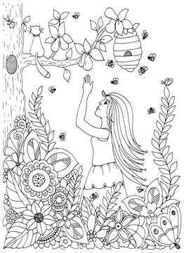 Vector illustration Zen Tangle , woman, girl and pear. Doodle drawing flowers. Coloring book anti stress for adults. Black white.