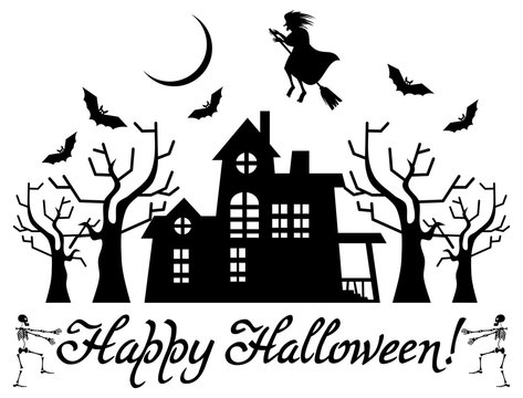 Halloween banner with house and flying witch silhouettes. Vector clip art.