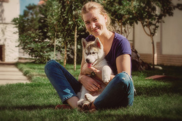 Naklejka na ściany i meble Young girl playing with a dog. Puppy Siberian Husky.Beautiful woman with husky outdoors.Woman with smiling siberian husky dog, sitting on a sunny day, on a walk with dog.