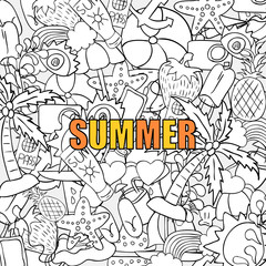Summer beach hand drawn vector symbols and objects background, d