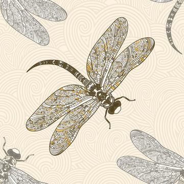 Seamless vector pattern with dragonfly on a tender beige background