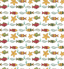 Cartoon hand-drawn seamless underwater pattern with fishes.