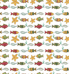 Cartoon hand-drawn seamless underwater pattern with fishes.