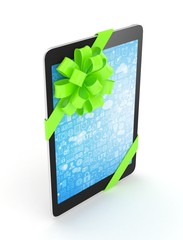 Black tablet with green bow and blue screen. 3D rendering.