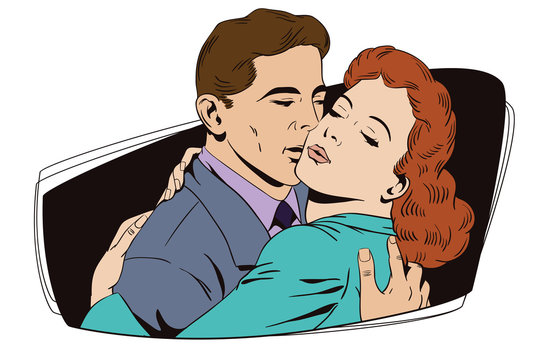 People in retro style. Embraces of a loving couple