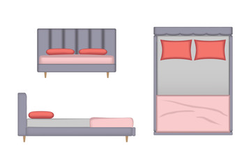 Realistic Bed Illustration. Top, Front, Side View for Your Interior Design. Scene Creator