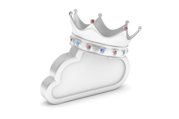 Isolated chrome cloud icon with crown and gems on white background. Symbol of communication, network and technology. Broadband. Online database. 3D rendering.
