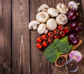 Vegetables on wood. Bio Healthy food, herbs and spices.