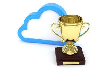 Isoalted golden cup with cloud on white background. Blue contour cloud. Concept of cloud storage competition. Leader cloud drive. Best storage contest. 3D rendering.