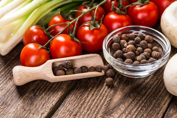 Vegetables on wood. Bio Healthy food, herbs and spices. Organic