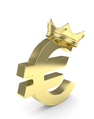 Fototapeta premium Isolated golden euro sign with golden crown on white background. Concept of making profit, income. Currency sign. European money. 3D rendering.
