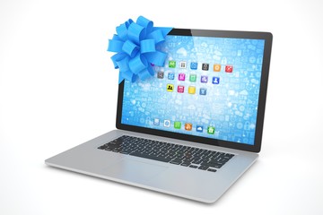 Laptop with blue bow and icons. 3D rendering.