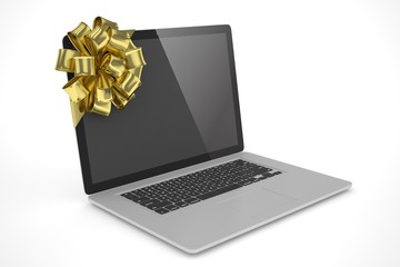 Tied laptop with golden bow on white background. Modern present or gift for birthday, holiday, christmas. 3D rendering.