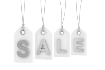 Colorful isolated sale labels on white background. Price tags. Special offer and promotion. Store discount. Shopping time. Silver letters on white labels. 3D rendering.