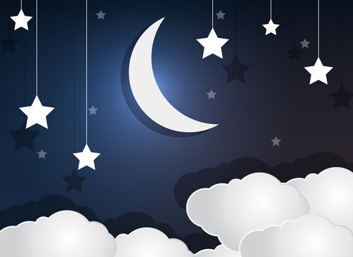Paper cloud crescent moon and stars in the night sky