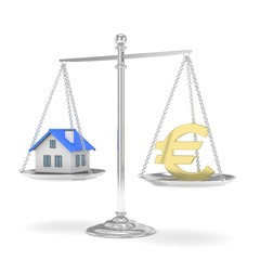 Isolated silver scales with golden euro and house on white background. Investment or savings concept. Real estate and currency. 3D rendering.