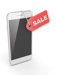 White smart phone with red sale label on white background. Best offer. Leader of sales. 3D rendering.