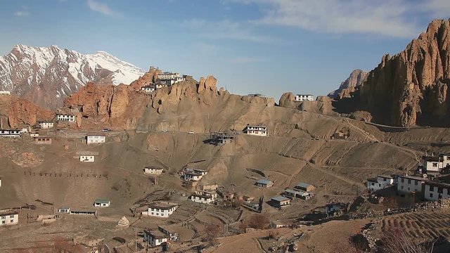 Panorama of Dhankar Gompa Monastery (3894 m) at sunrise. Spiti valley, Himachal Pradesh, India.