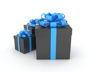three gift boxes with bows isolated on white. 3d rendering.