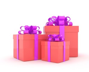 three gift boxes with bows isolated on white. 3d rendering.