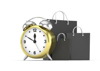 alarm clock and shopping bag (time to buy concept). 3d rendering.