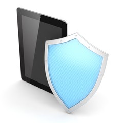 Tablet PC and shield on white device security concept. 3d rendering.