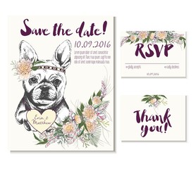 Vedding card set in trendy boho style. French bulldog wearing flower crown and heart coulomb. Decorated with floral bouquet and feathers. Includes save the date, rsvp and thank you cards templates.
