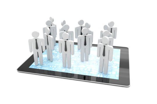 group of people figures on tablet PC. 3d rendering.