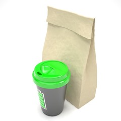 Coffee to go and lunch bag, on white. 3d rendering.