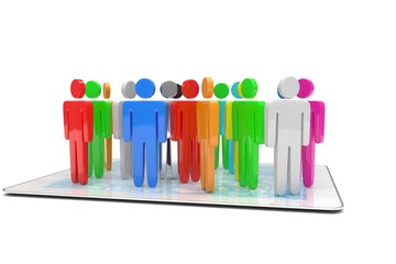 group of people figures on tablet PC. 3d rendering.