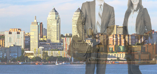 Collage with City Skyline and Two Businesspeople