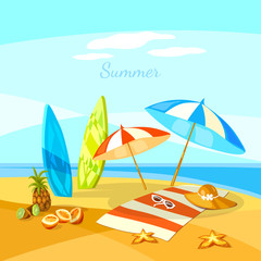 Obraz premium Summer beach cartoon towel umbrella starfish surf boards