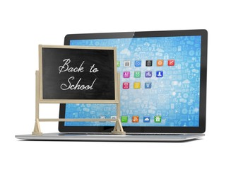 Laptop with chalkboard, back to school, online education concept. 3d rendering.