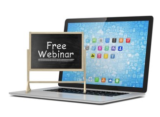 Laptop with chalkboard, free webinar, online education concept. 3d rendering.