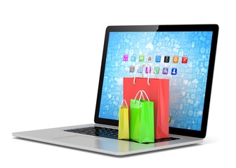 laptop and  shopping pags on white background. 3d rendering.